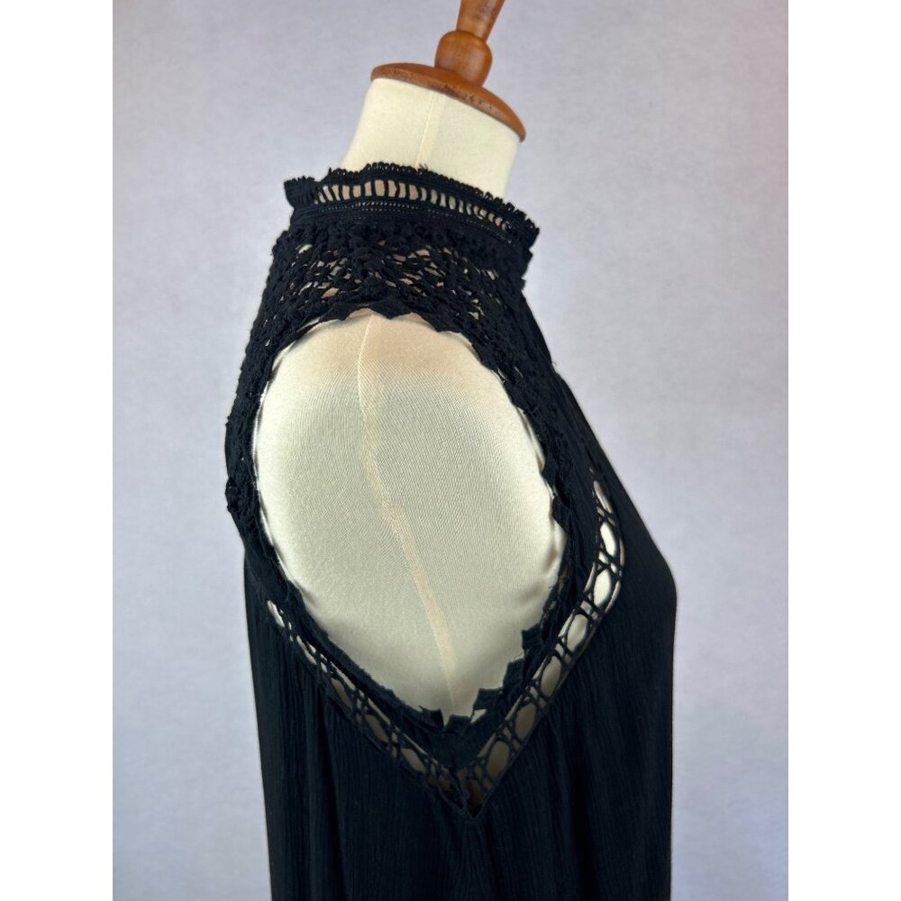 Fate Black Sleeveless Tiered Maxi Dress Lace Crochet Raw Hem Boho - Picture 4 of 13